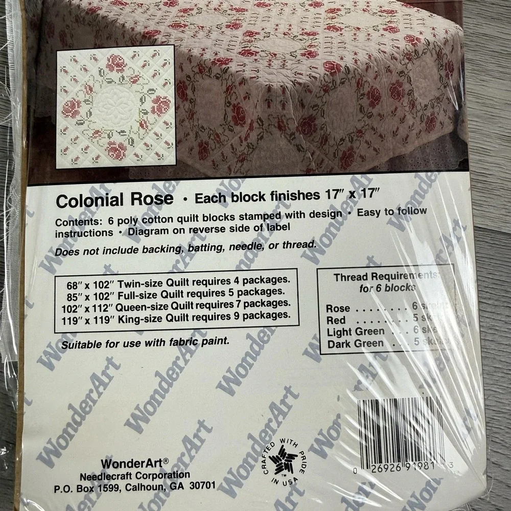 WonderArt Colonial Rose Quilt Block Kit 6 Stamped 17x17 Blocks USA Craft OPEN